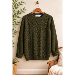 Vintage Bill Blass Men's Cable Knit Sweater Olive Green Fisherman Cotton Blend L